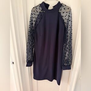 Elegant Navy Dress with Sheer Polka Dot Sleeves